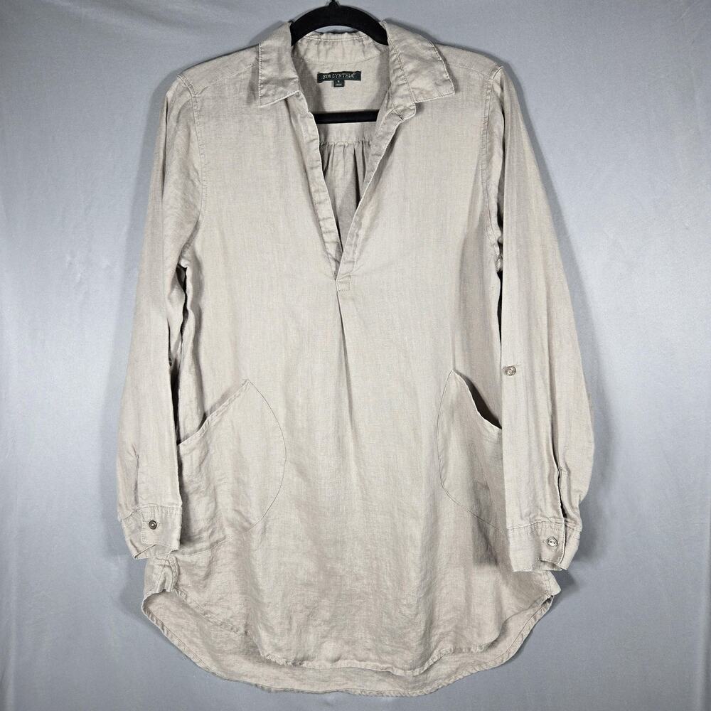 For Cynthia Linen Tunic Top Womens Small Beige Collared Roll Tab Pockets Blouse